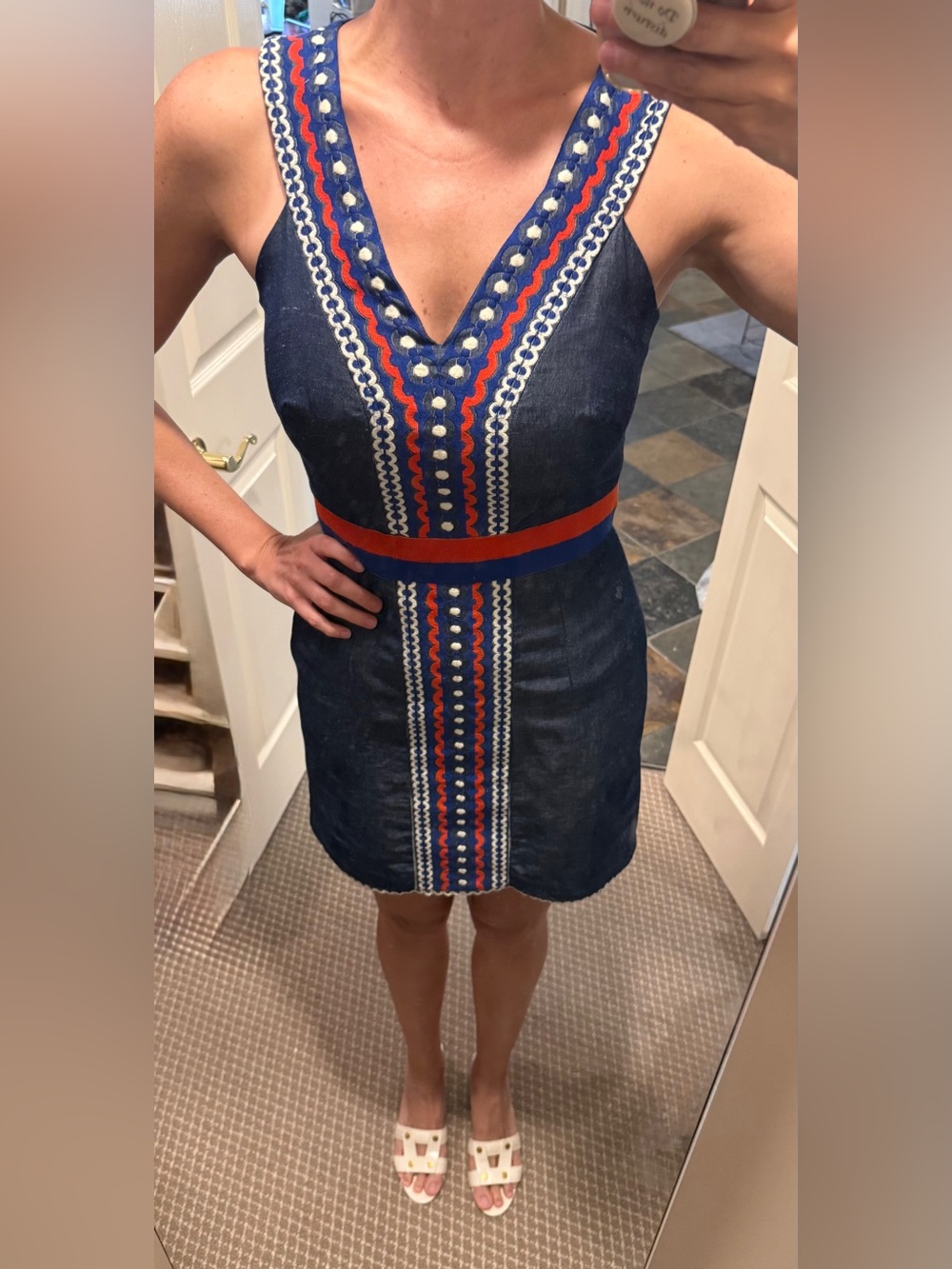 Milly Denim Navy Mini Dress with Red, White and Blue Embroidered Trim